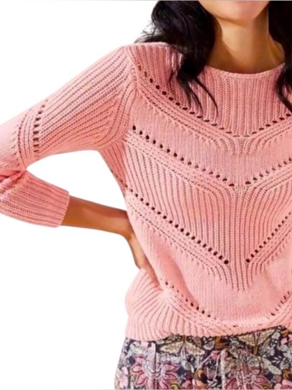 LOFT Scoop Back Blush Peachy Pink Cable Knit Sweater Size M